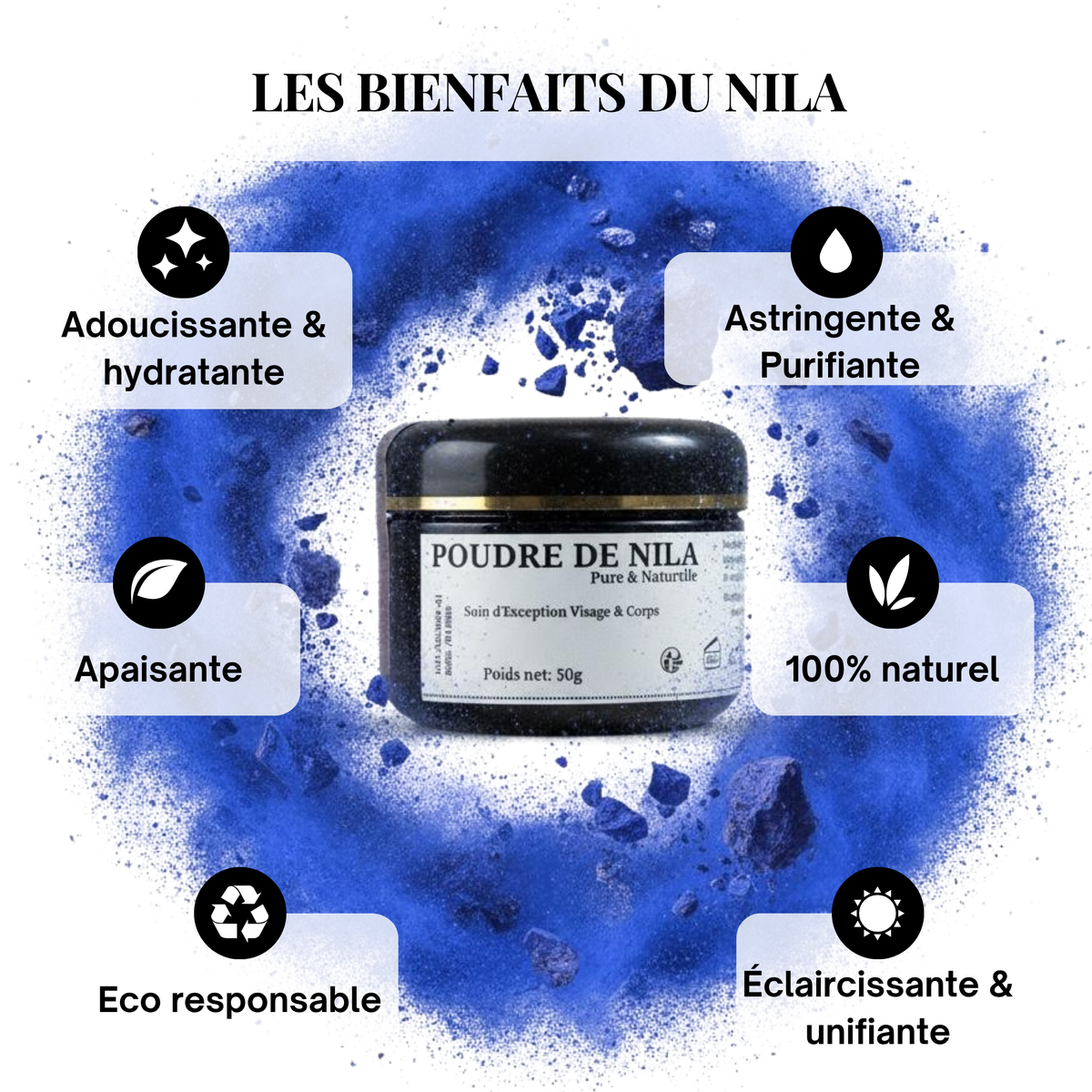Poudre de Nila Bleue HINALYA – bienfaits pour le visage et le teint