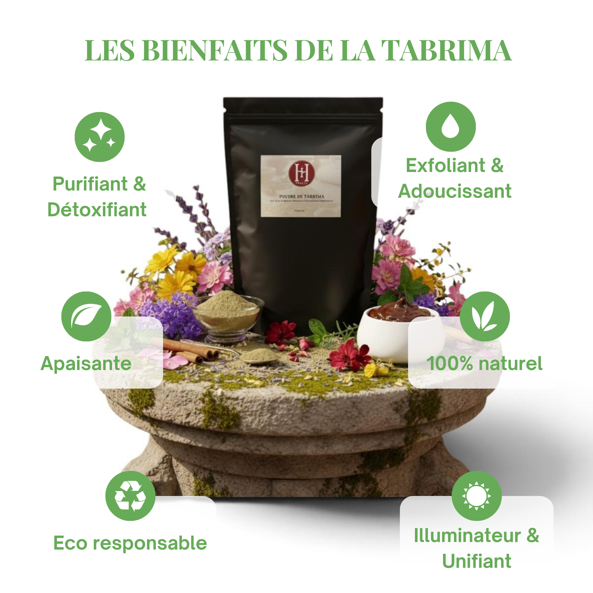 Bienfaits de la Tabrima Royale HINALYA – poudre de plantes pour le soin de la peau