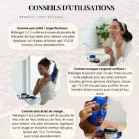 Poudre de Nila Bleue HINALYA – conseils d’utilisation visage et corps
