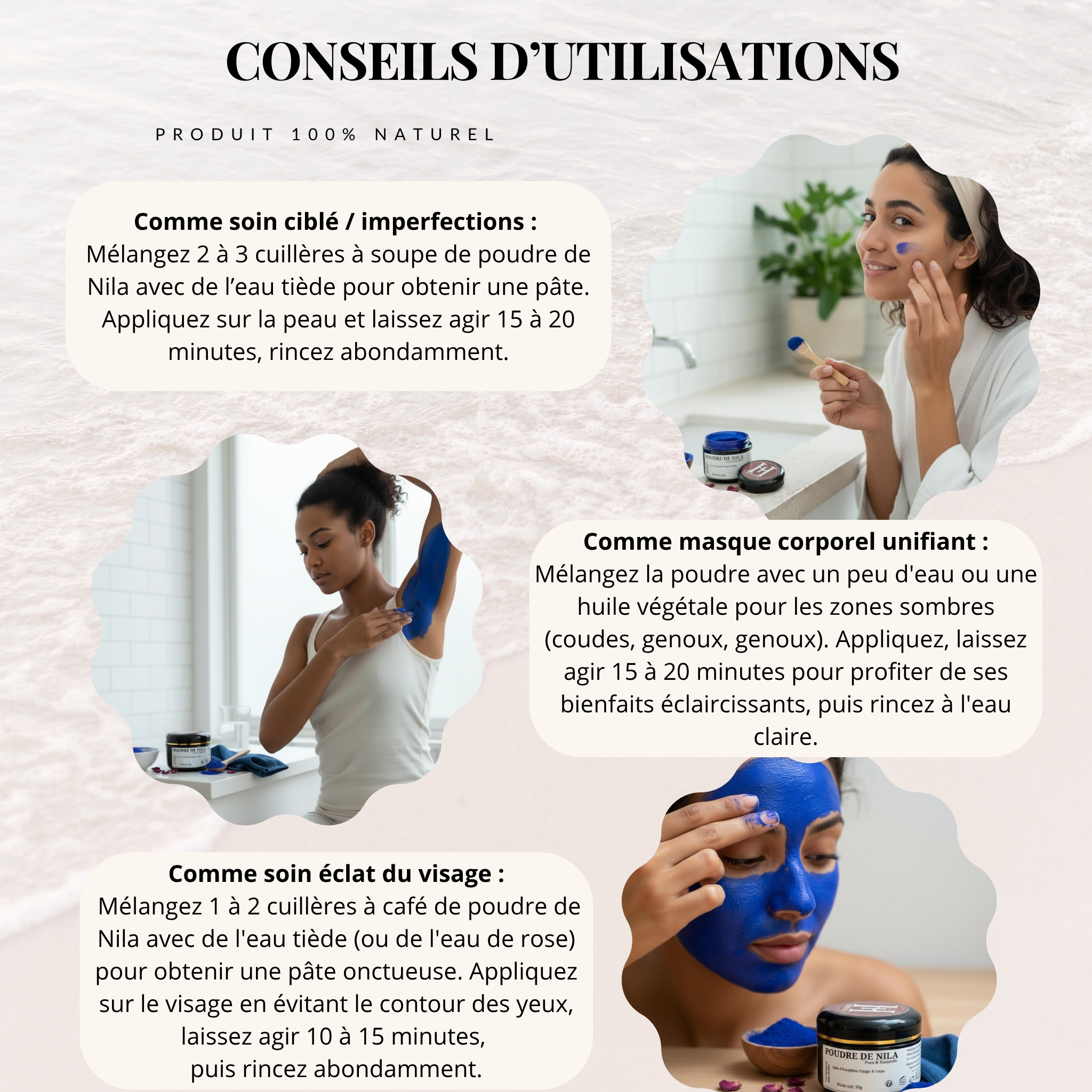 Poudre de Nila Bleue HINALYA – conseils d’utilisation visage et corps