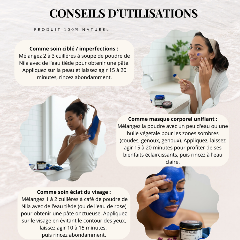 Poudre de Nila Bleue HINALYA – conseils d’utilisation visage et corps