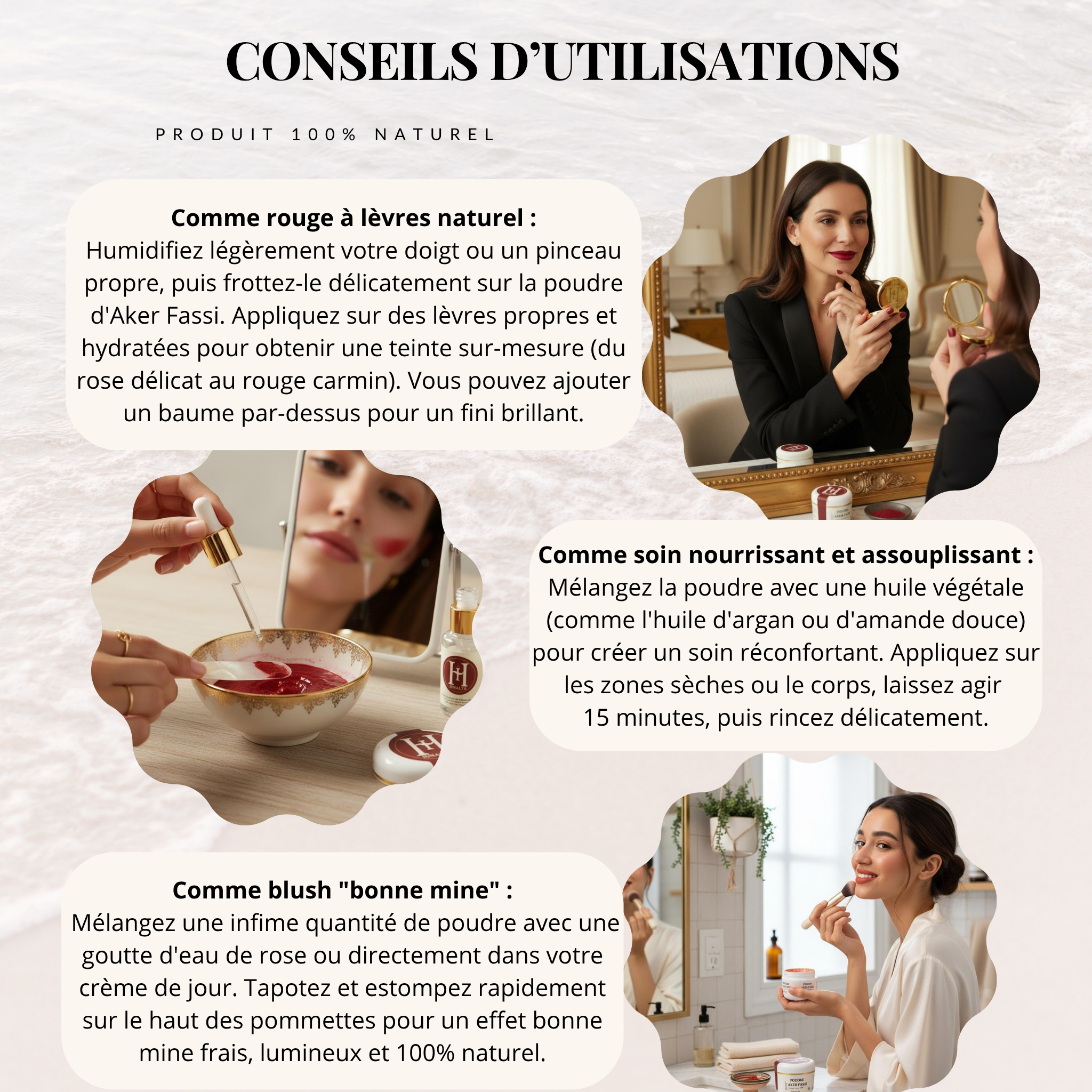 Conseils d’utilisation de l’Aker Fassi HINALYA – rouge à lèvres naturel, blush bonne mine et soin du corps